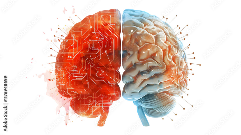 Poster brain combined half merging with technology isolated on a transparent background