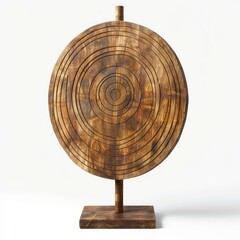 Wooden circle decoration standing on a square base, featuring concentric circles carved on its surface, isolated on white