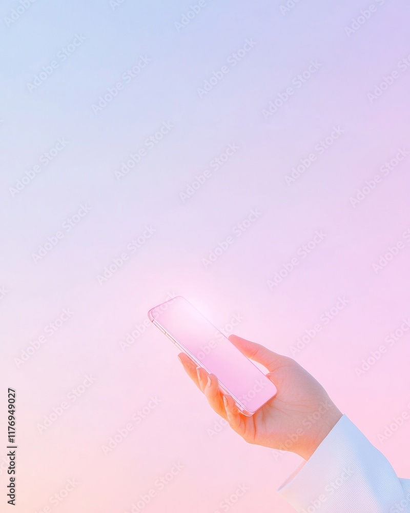 Poster futuristic smartphone and boarding pass with glowing ui on pastel background