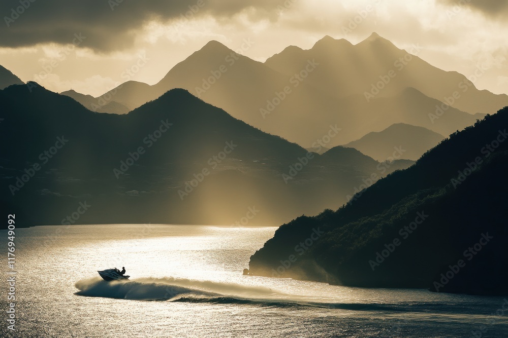 Poster dynamic jetski performing a sharp turn on water, creating a dramatic splash under bright sunlight wi