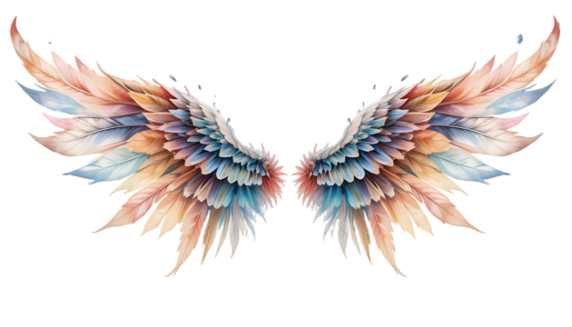 Hand-Drawn Watercolor Painting: Vibrant Feather Boho Wings