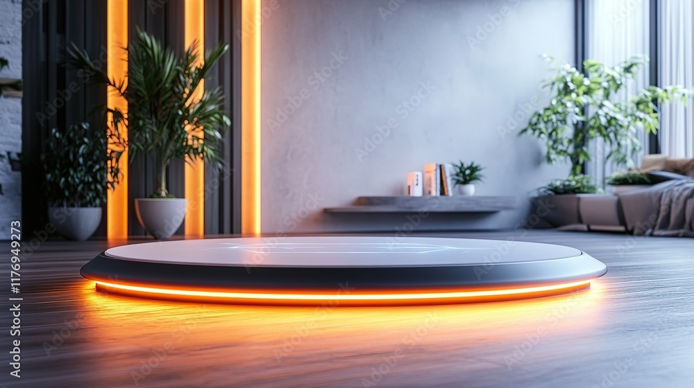 Poster a futuristic 3d podium with a glowing circular design serves as a high-tech stage for a product disp