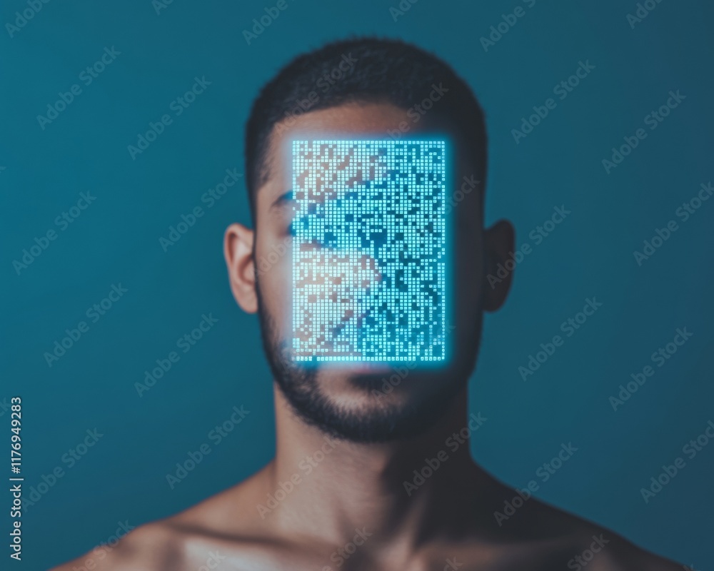 Poster futuristic digital identity man with glowing qr code mask in cyberpunk style