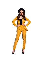 Vertical full length body size view of her she nice-looking attractive lovely content rich wealthy...