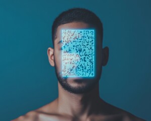 Futuristic Digital Identity Man with Glowing QR Code Mask in Cyberpunk Style