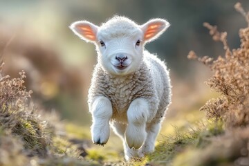 Obraz premium Cheerful lamb frolicking joyfully in a sunny meadow during a bright afternoon