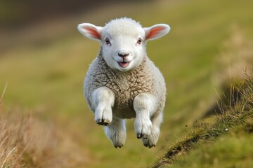 Fototapeta premium Lamb joyfully frolicking in a sunny field on a warm spring day