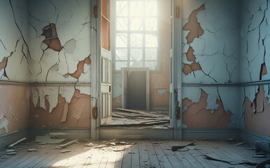 stock photo features a dilapidated and weathered room with cracked walls and a worn-out appearance, evoking a sense of abandonment and neglect
