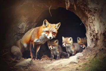 Fox kits playfully explore their surroundings near a cozy den in the forest