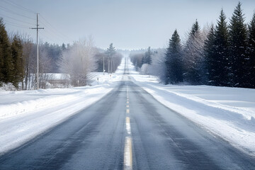Fototapeta premium Straight road covered with snow and ice at winter