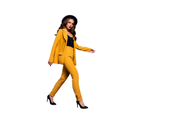 Profile side full length body size view of her she nice-looking glamorous attractive lovely well-dressed content wavy-haired lady motion isolated over bright vivid shine violet lilac background