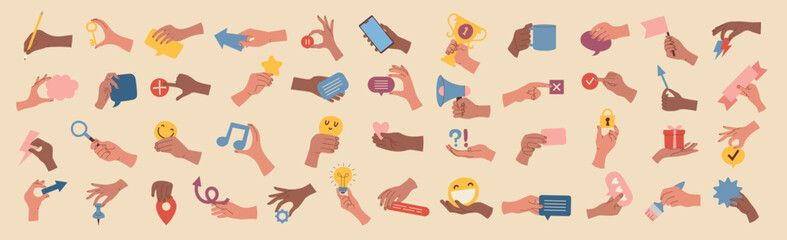 Hands gestures. Human hands holding thematical objects flags ribbons hands from fingers emoji and speech bubbles recent vector hands illustrations