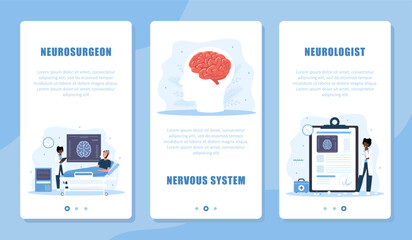 Neurologist concept. Set of Templates for medical Online service. African Woman Doctor giving virtual medical consultation on Brain Diseases. Telemedicine. Vector illustration in flat cartoon style.