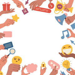 hands holding. web icons in hands clouds arrows emoticons stars and bubble talks pictures set