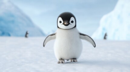Naklejka premium A cute penguin chick standing on ice in a snowy landscape.