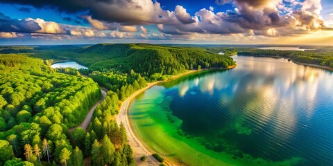 Obraz premium Panoramic Aerial View: Serene Lake and Picturesque Shore