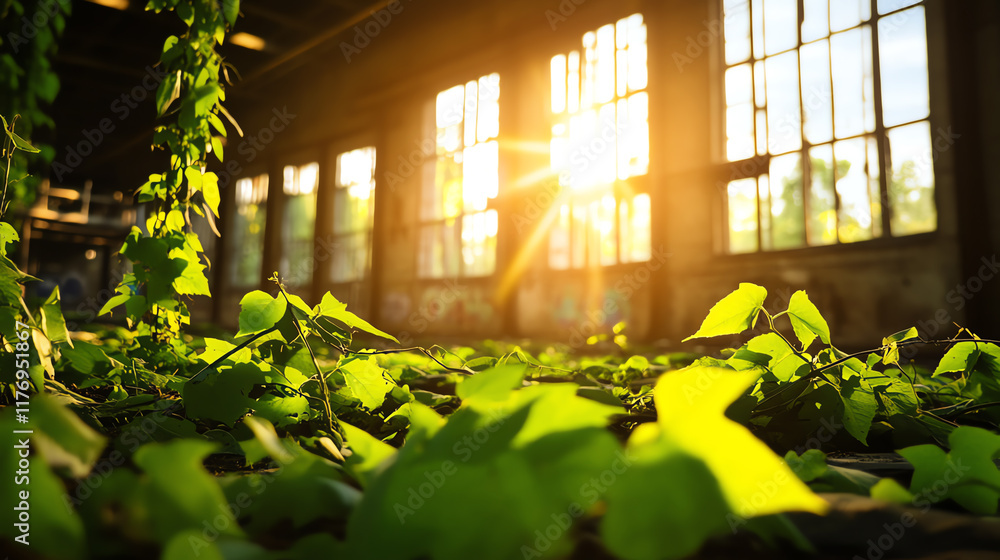 Poster sunlight streams through windows illuminating lush green leaves in a serene indoor space, creating a