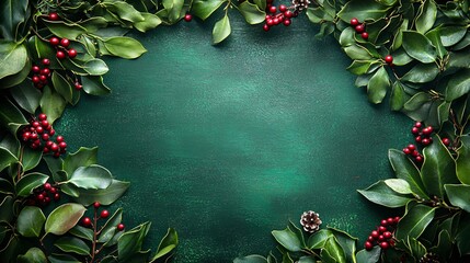 Festive greenery with red berries and pinecones on a deep green background