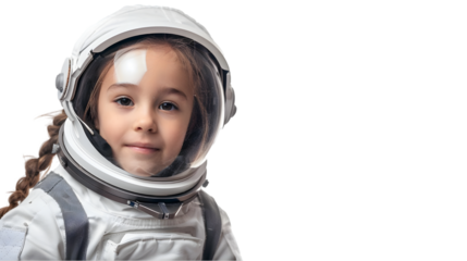 child with astronaut costume on a white or png; kid wearing a space suit; dream childhood imagination and science concept isolated on a transparent background