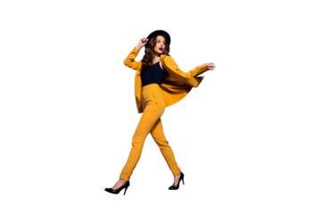 Profile side full length body size view of nice-looking chic glamorous gorgeous attractive lovely wavy-haired lady motion enjoying strolling isolated over bright vivid shine violet lilac background