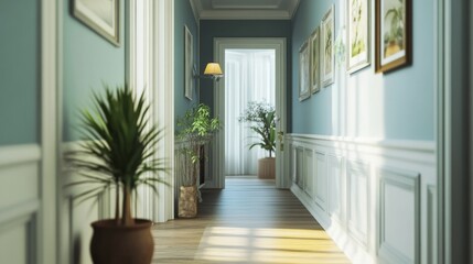 A well-lit corridor featuring green plants and soft lighting creates a welcoming atmosphere. The decor includes framed artwork along the walls, enhancing the home's charm