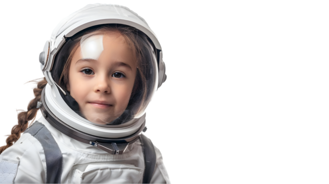 child with astronaut costume on a white or png; kid wearing a space suit; dream childhood imagination and science concept isolated on a transparent background