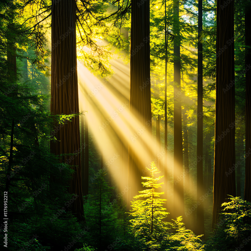 Poster sunlight streams through towering trees, creating a serene forest atmosphere filled with lush greene