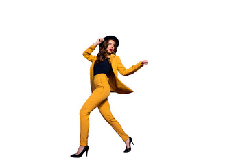 Profile side full length body size view of nice glamorous attractive lovely feminine wavy-haired lady motion enjoying vacation life lifestyle isolated over bright vivid shine violet lilac background