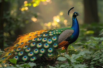 Obraz premium Majestic peacock displaying its vibrant feathers in a serene forest at dawn