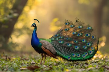 Obraz premium Peacock displaying vibrant feathers in a serene forest setting