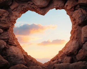 Romantic sunrise over a heartshaped gold mine, symbolizing new beginnings in love and wealth, dreamlike Valentine art
