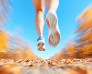 Dynamic Mid-Stride Runner on Sunlit Forest Trail Showcasing Speed and Determination