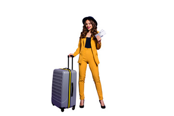 Full length body size view of her she nice chic gorgeous attractive lovely cheerful cheery wavy-haired lady waiting boarding time journey isolated over bright vivid shine violet lilac background