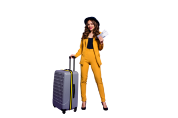 Full length body size view of her she nice chic gorgeous attractive lovely cheerful cheery wavy-haired lady waiting boarding time journey isolated over bright vivid shine violet lilac background