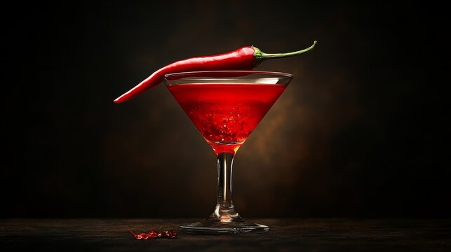 This cocktail is served in a stylish glass, filled with a vibrant red liquid and topped with a fresh chili pepper. The dark background enhances the drink's vivid colors