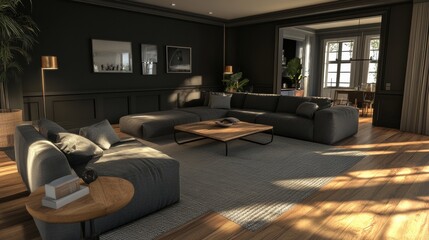 A spacious living room featuring a modern sectional sofa, warm wooden floors, and large windows that fill the area with natural light. The decor is minimalist yet inviting