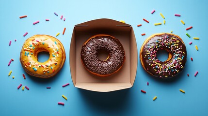 Colorful donuts arranged on a blue background with sprinkles scattered around