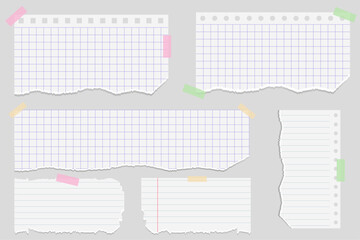 Realistic 3D set of torn paper in a cage. Textured torn pages with torn edges, uneven borders, torn notebook pages. A collection of damaged blank paper blanks. Vector illustration