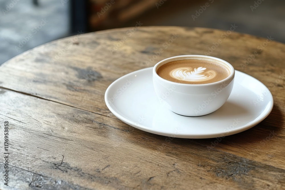 Poster aesthetic latte art in a white cup on a wooden table with natural diffuse lighting creating a cozy c