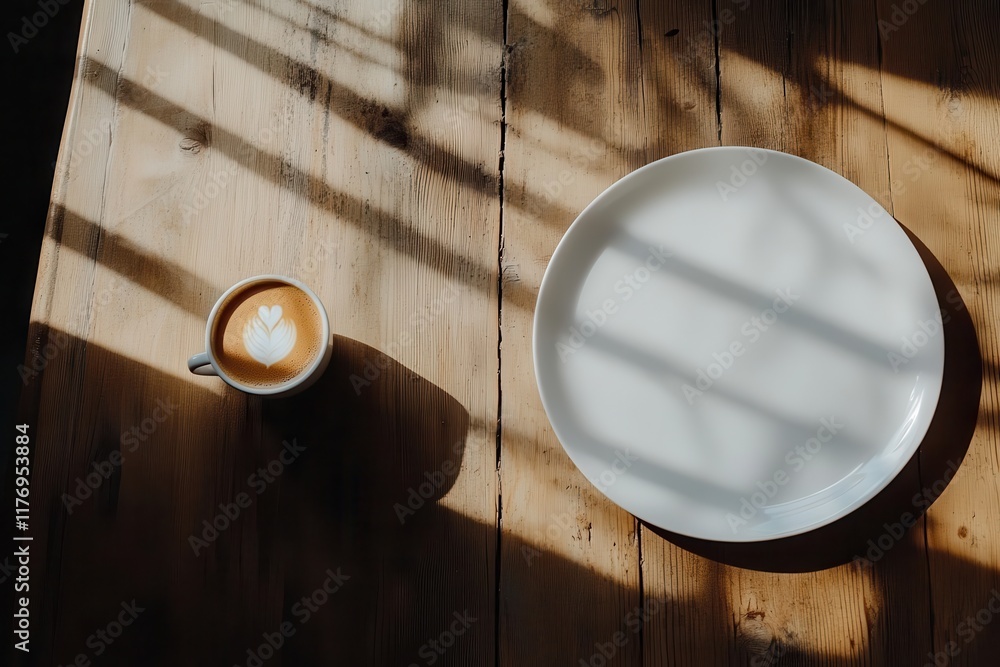 Poster beautiful latte art in coffee cup on wooden table with diffuse natural lighting and empty white plat