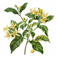Obraz premium Botanical illustration of a blossoming trifoliate orange branch showcasing vibrant yellow flowers, green leaves, and a small fruit, isolated on white