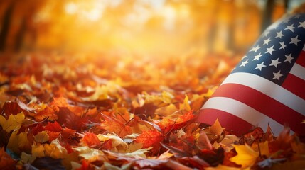 American flag amidst a pile of autumn leaves under warm sunlight, symbolizing seasonal change and patriotism Copy space for text 