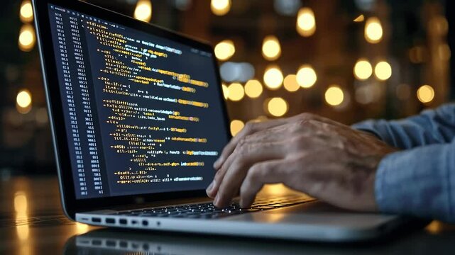 Close-up of hands coding on a laptop at night with bokeh lights.