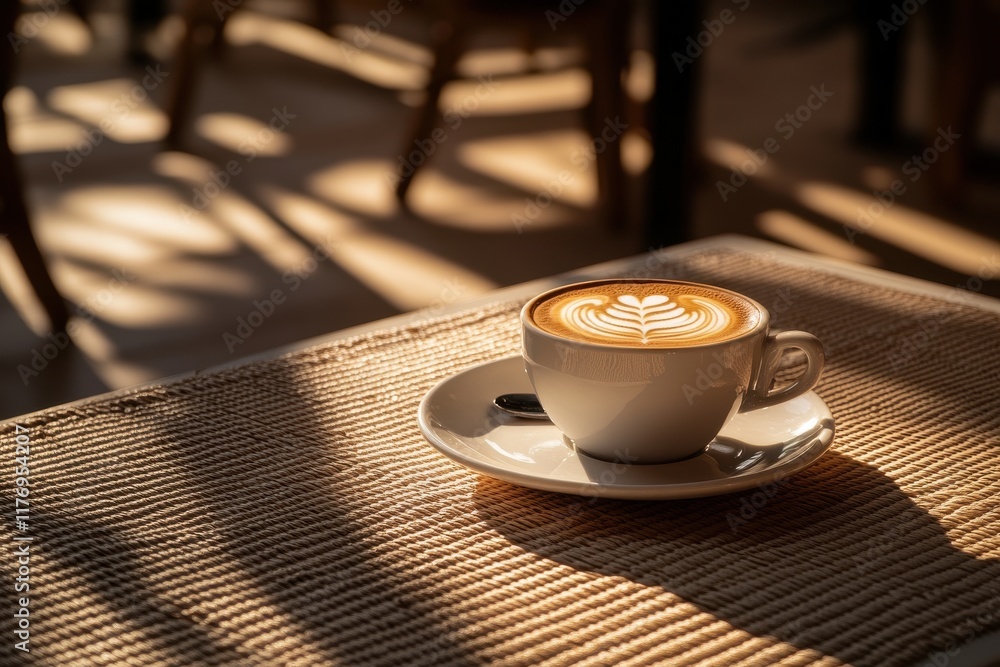 Poster a beautiful latte art coffee cup placed on a table with natural diffuse lighting creating a warm and