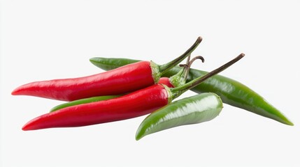 A cluster of red and green chili peppers on a white background.