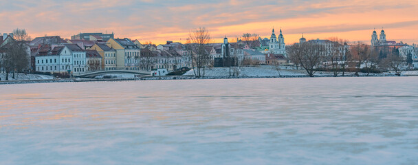 winter sunrise in snowy city Minsk.