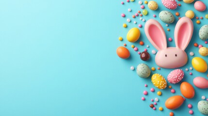 Colorful Easter decorations with bunny head and eggs on blue background