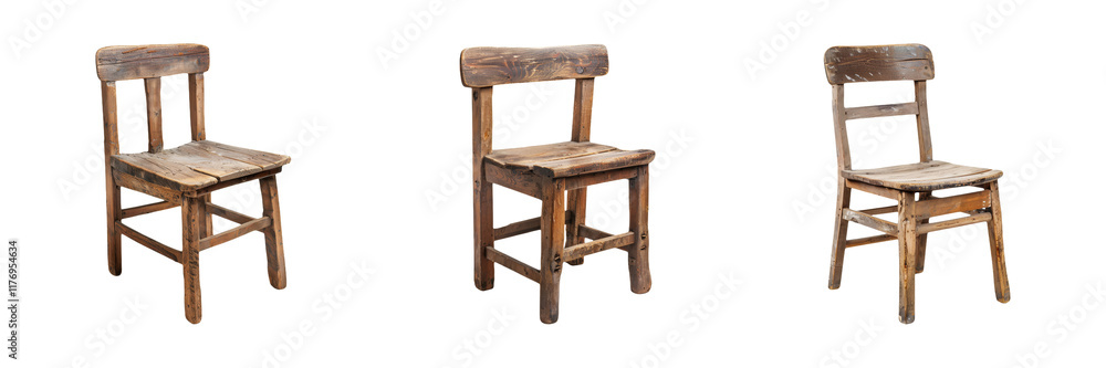 Poster set of rustic wooden chairs with worn texture isolated on transparent background
