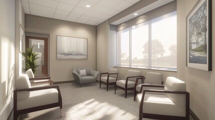 Comfortable waiting area with modern design and natural light symbolizing calm and hospitality.