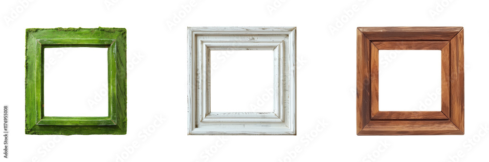 Poster set of rustic wooden picture frames in various colors isolated on transparent background